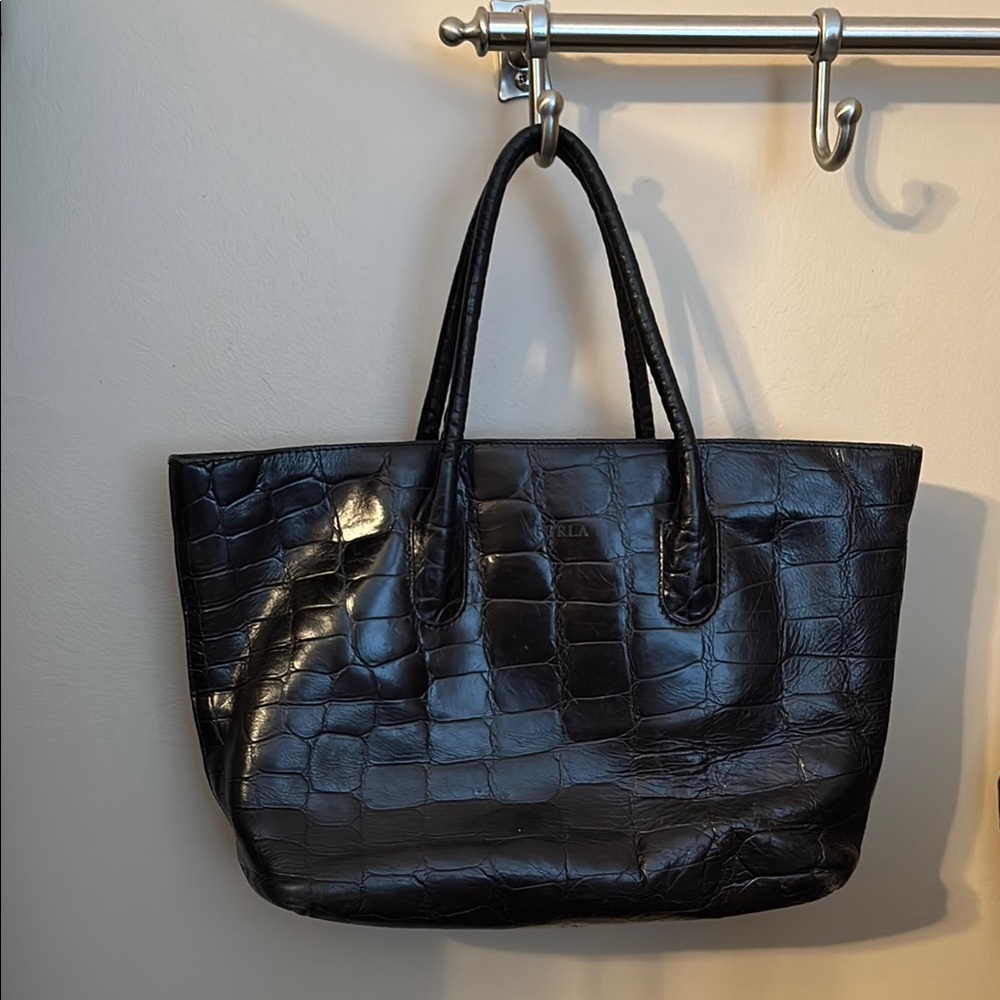 FURLA Black Crocodile-Embossed Tote Bag